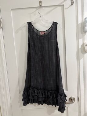 Juicy Couture black grey + silver plaid silk see-thru shift ruffle hem dress
